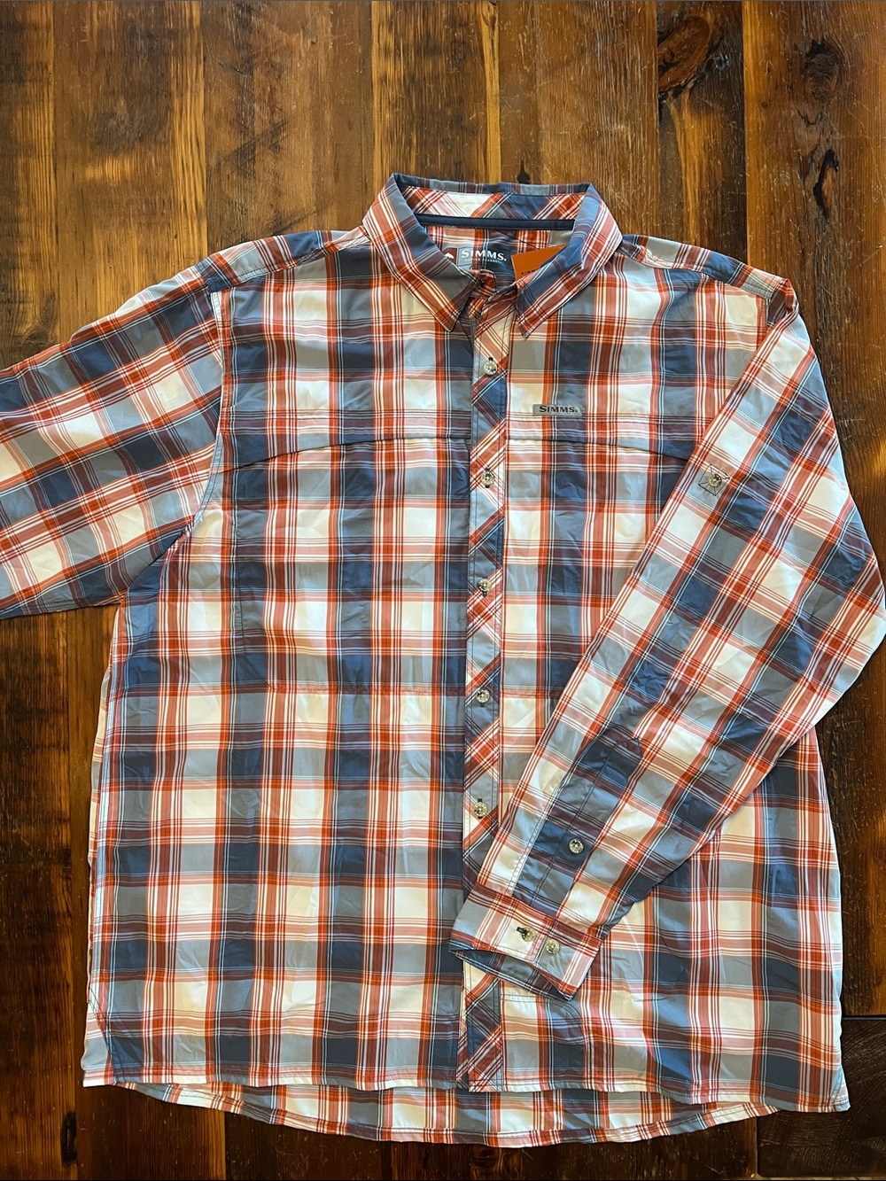 Simms Men's Red, White, and Blue Plaid Button-Down Shirt
